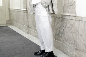 Vintage dutch navy white workwear uniform trousers by Primary Archive Amsterdam brand. Look picture trousers menswear.